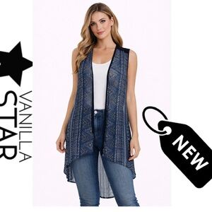 NWT Vanilla star navy printed sleeveless cardigan/duster